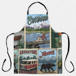 Set mit Vintage-Postern für Outdoor-Aktivitäten mi Schürze