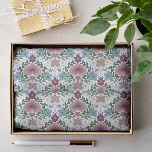 Set of 3-Earthy Pink & Teal Flowers and Hearts Seidenpapier (Geschenk)