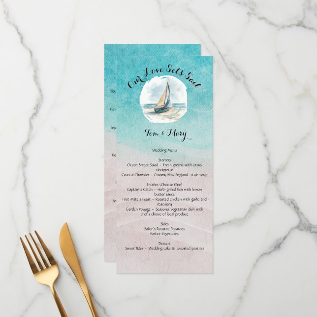 Set Sail Wedding Menu Menükarte (Vorderseite/Rückseite Beispiel)