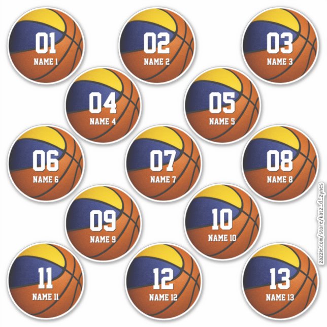 Set von 13 blaugoldenen Mannschaftsfarben Basketba Aufkleber (Vorderseite)