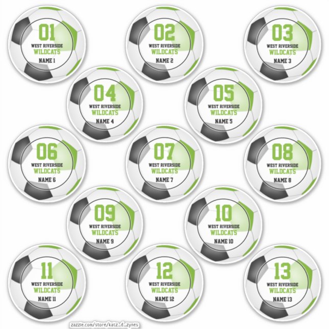 Set von 13 Kalkgrün, Schwarzer Fußball Aufkleber (Vorderseite)