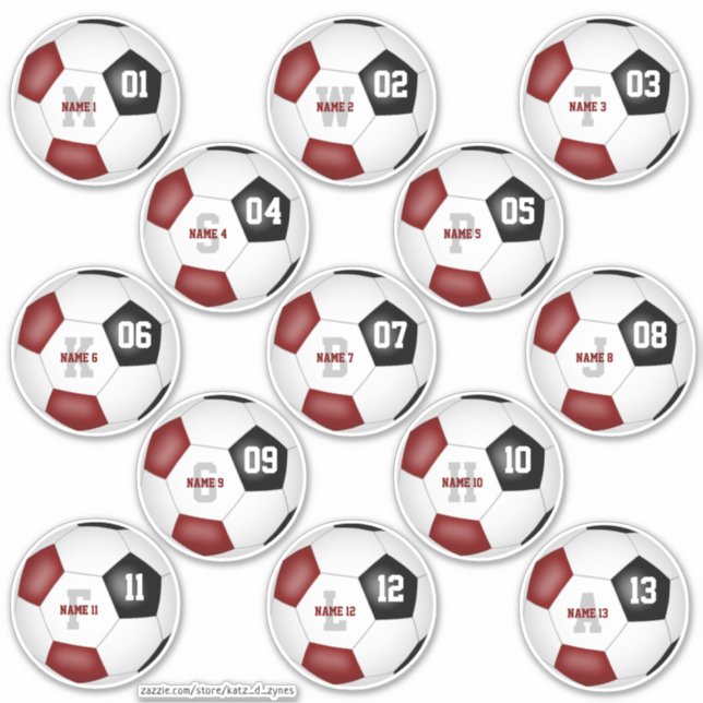 Set von 13 Maronen schwarzen Fußball-Team Kinder P Aufkleber (Vorderseite)