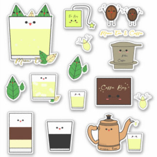 Set von 15 Kawaii Vietnamesischer Kaffee & Tee Aufkleber