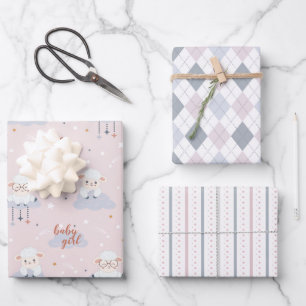 Set von 3-Baby-Lämmern, Raute, Streifen in Rosa, W Geschenkpapier Set