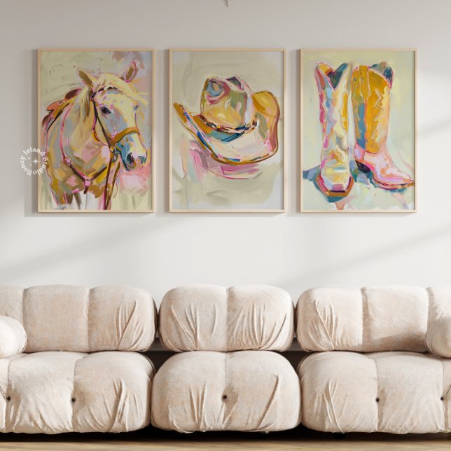 Set von 3 Cowgirl Boot Hat Horse Western Prints (Western Wall Art, Cowgirl Boot Print, Cowboy Hat Artwork, Horse Print, Rustic Home Decor, Ranch Styl)