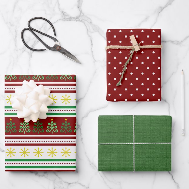 Set von 3 festlichen, abgestimmten Weihnachten Geschenkpapier Set (Vorderseite)
