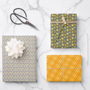 Set von 3 Honigwabenbäumen und Bienen Geschenkpapier Set