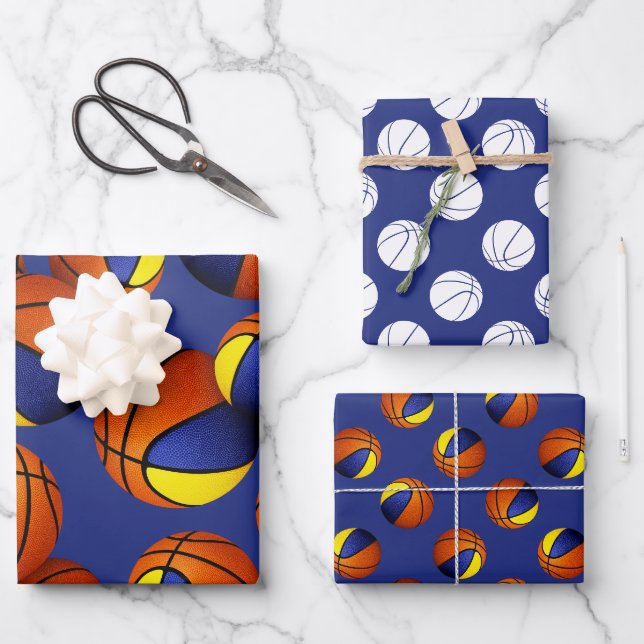 Set von 3 koordinierenden Blaugoldbällchen Geschenkpapier Set (Vorderseite)