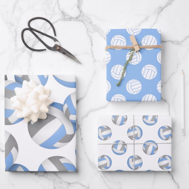 Set von 3 koordinierenden hellblauen Volleyball Geschenkpapier Set (Vorderseite)