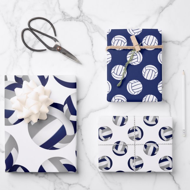 Set von 3 koordinierenden marineblau-grauen Volley Geschenkpapier Set (Vorderseite)