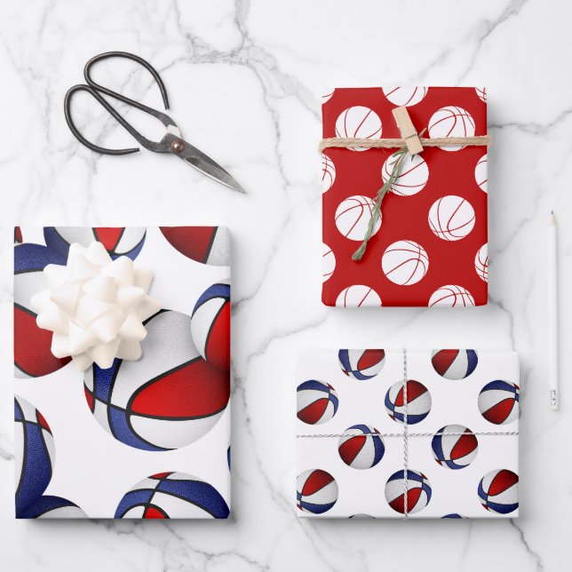Set von 3 koordinierten roten Basketballkorbeln Geschenkpapier Set (Vorderseite)