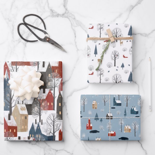 Set von 3 Landschaftlichen Winterwonderland Landdö Geschenkpapier Set (Vorderseite)
