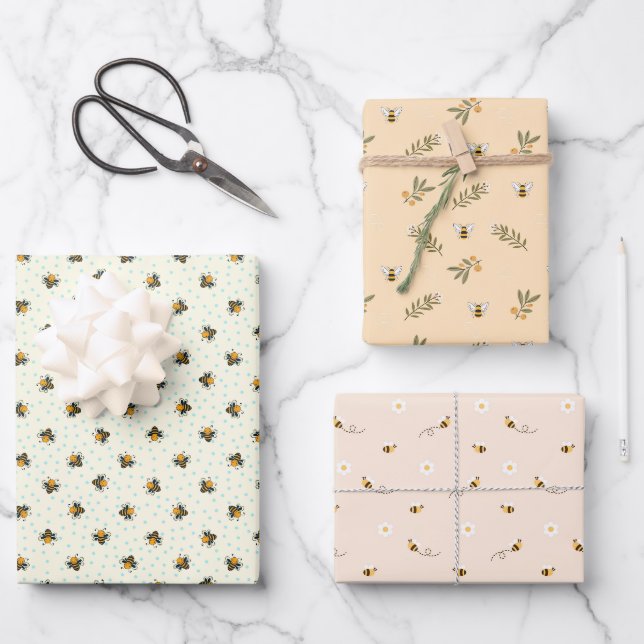 Set von 3 Niedlichen Honey Bee Baby Dusche Geschenkpapier Set (Vorderseite)