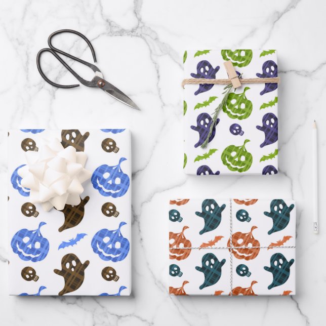 Set von 3 Pumpkins & Ghosts Schleifpapier Geschenkpapier Set (Vorderseite)