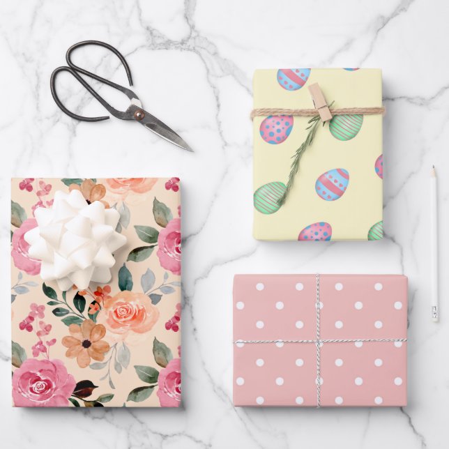 Set von 3 Rose, Ostereiern und Polka Docks Geschenkpapier Set (Vorderseite)