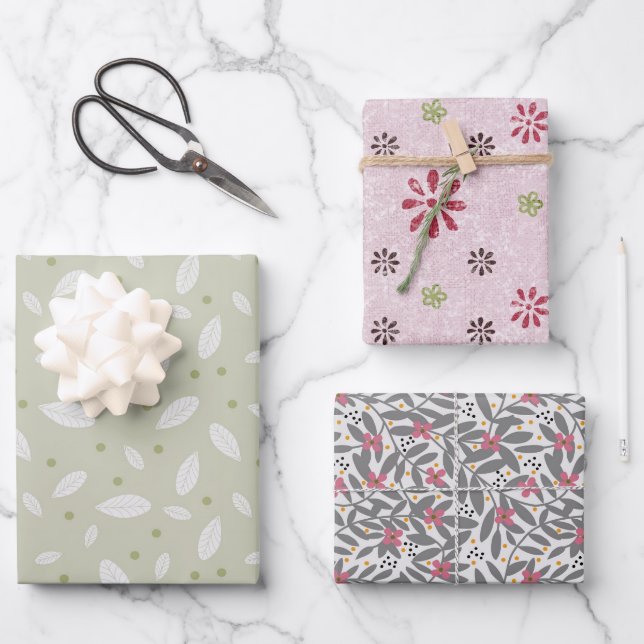 Set von 3 Umschlagpapieren in Floralfarben und Blä Geschenkpapier Set (Vorderseite)