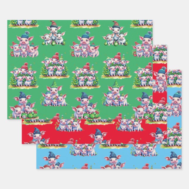 Set von 3 verschiedenen Adorable Pig Weihnachtsges Geschenkpapier Set (Set)