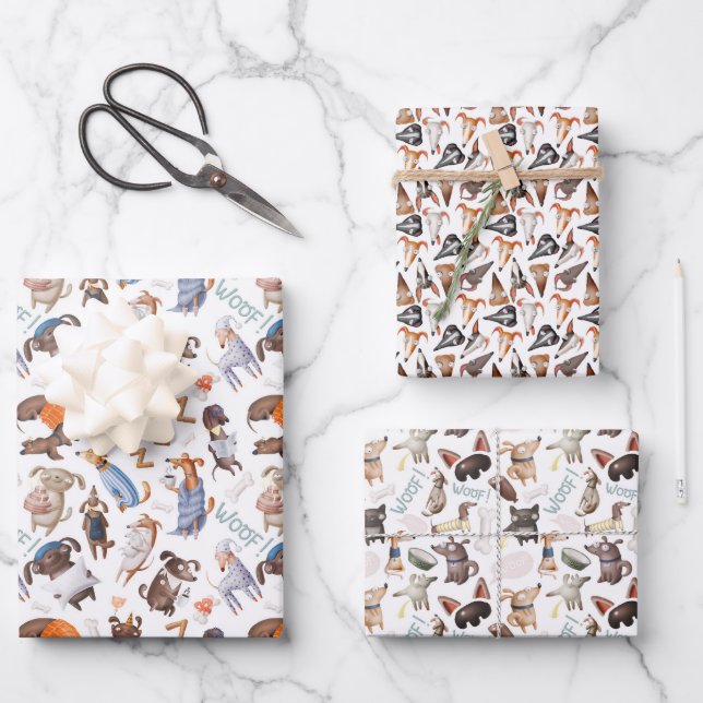 Set von 3 Zeichen-Hunde-Wrapping Geschenkpapier Set (Vorderseite)