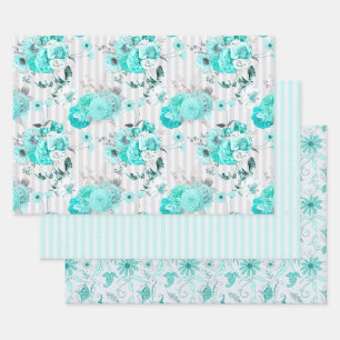 Set von 3 zur Koordinierung der türkisfarbenen Flo Geschenkpapier Set