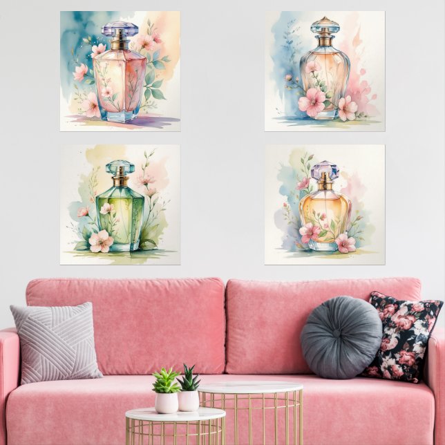 Set von 4 Aquarellfarben-Parfüm-Flaschendrucken (Wohnzimmer)