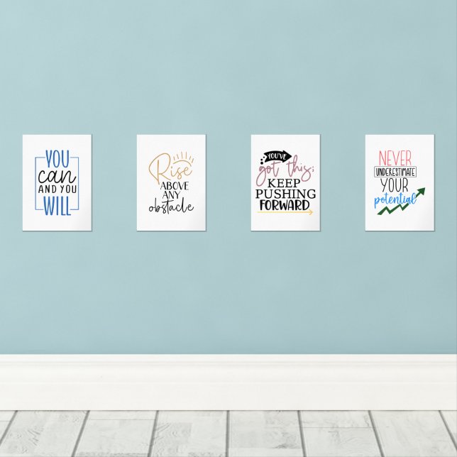 Set von 4 Inspiration-Zitat-Printen - Motivierend (Holzboden)