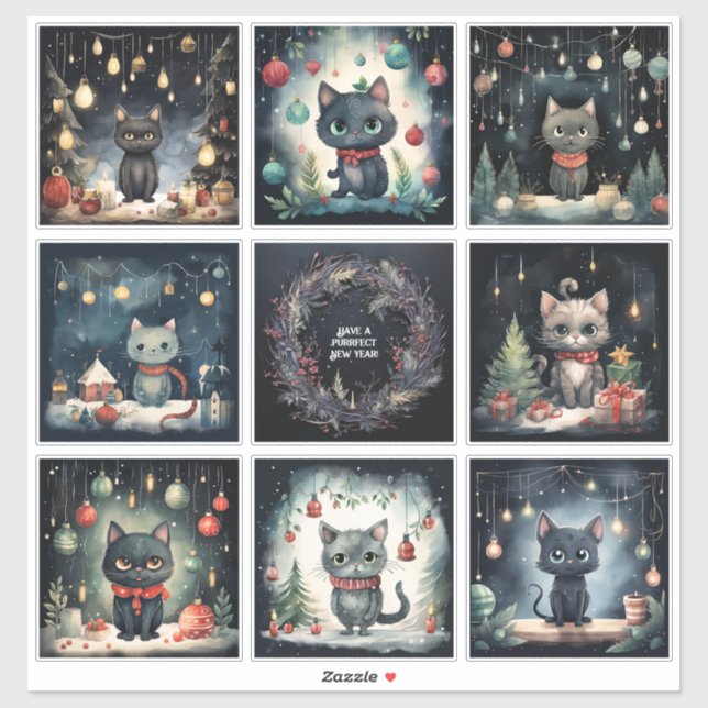 Set von 8 Katzen Weihnachten Aufkleber (Blatt)