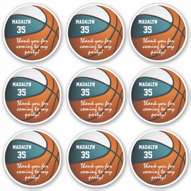 Set von 9 aquamarinem Gastgeschenk-Basketball Aufkleber (Vorderseite)