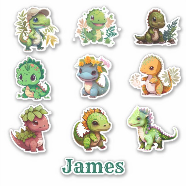 Set von 9 Dinosauriern Personalisierter Vinyl Cut Aufkleber (Vorderseite)