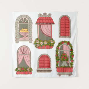 Set von Abbildungen mit Vintagen Fenstern Wandteppich