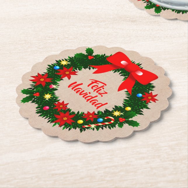 Set von Feliz Navidad Merry Christmas Wreath Bow Untersetzer (angewinkelt)