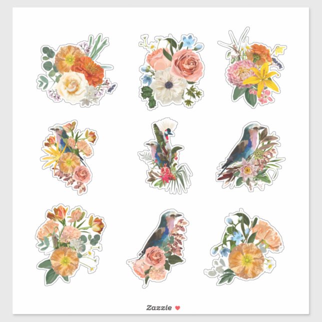 Set von Frühlingsblumen und Vogelelementen. Aufkleber (Blatt)