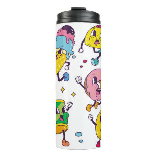 Set von Speisen und Getränken im Retro-Cartoon-Sti Thermosbecher