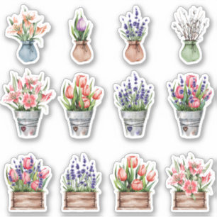 Set von Sträuchern aus Blume in Töpfchen Aufkleber