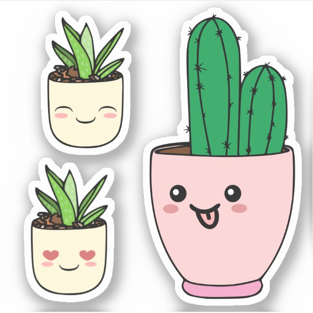 Set von Three Kawaii Sukkulente Pflanze Vinyl Cuto Aufkleber (Vorderseite)