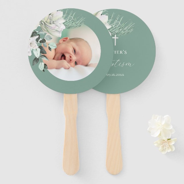 Set von zehn weißen grünen Bouquet Taufe Fächer (Vorne und Hinten)