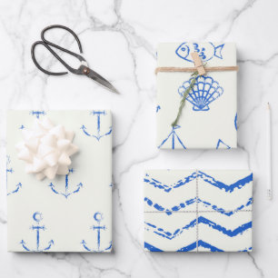Set zum Blauen und Weißwein von Seeschiffen (3) Geschenkpapier Set
