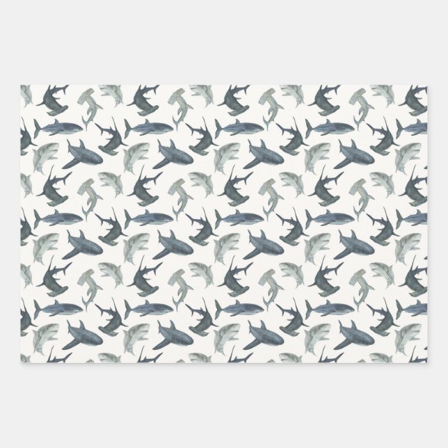 Set zum Schwertpapier | Aquarellhai Geschenkpapier Set (Vorderseite)