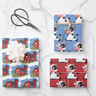 Set zum Umhüllen von Rot-Stall und Kuh Geschenkpapier Set