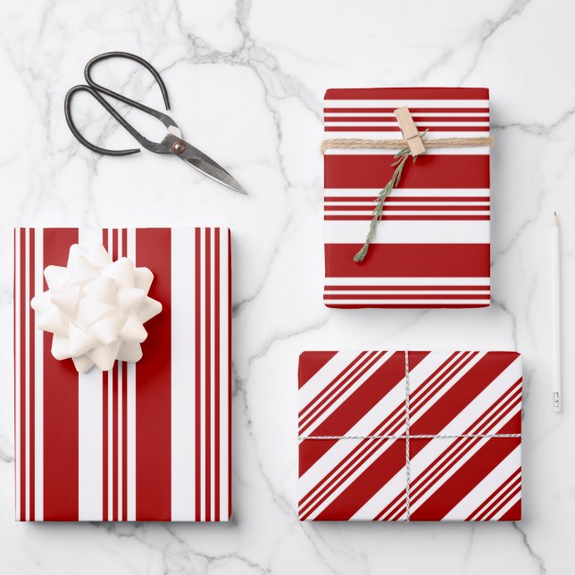 Sets aus rotem weißem Pfefferminzstreifen Geschenkpapier Set (Vorderseite)