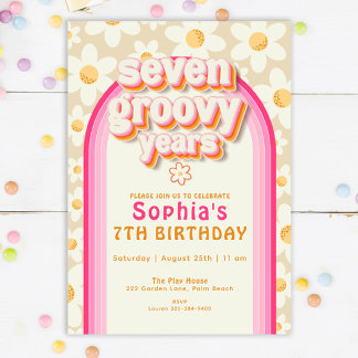 Seven Groovy Years Daisy Rainbow Birthday Invitati Einladung