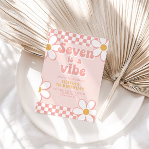Seven is a Vibe Retro Check Pink Gänseblume Einladung