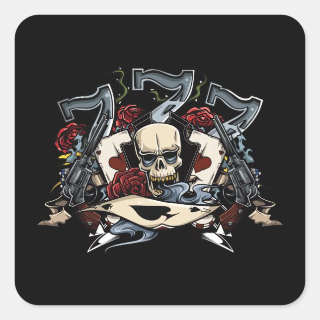 Sevens Skull Rose Ace of Spades Gambling Quadratischer Aufkleber (Vorderseite)