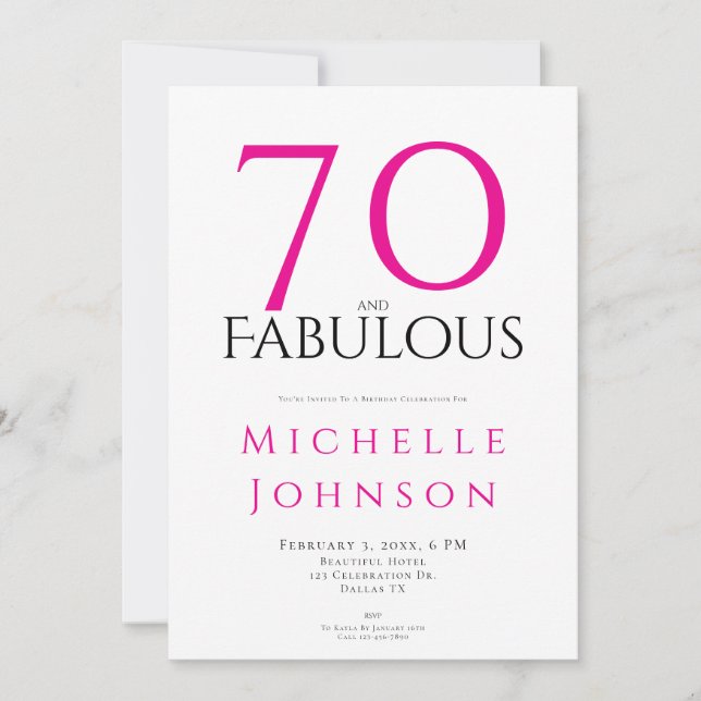 Seventy and Fabulous Minimal Pink 70th Birthday Einladung (Vorderseite)