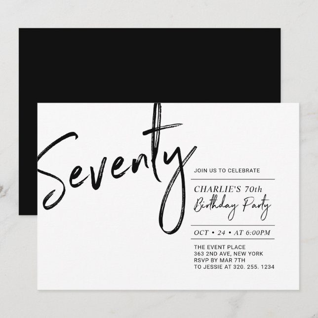 Seventy | Black & White Modern 70th Birthday Party Einladung (Vorne/Hinten)