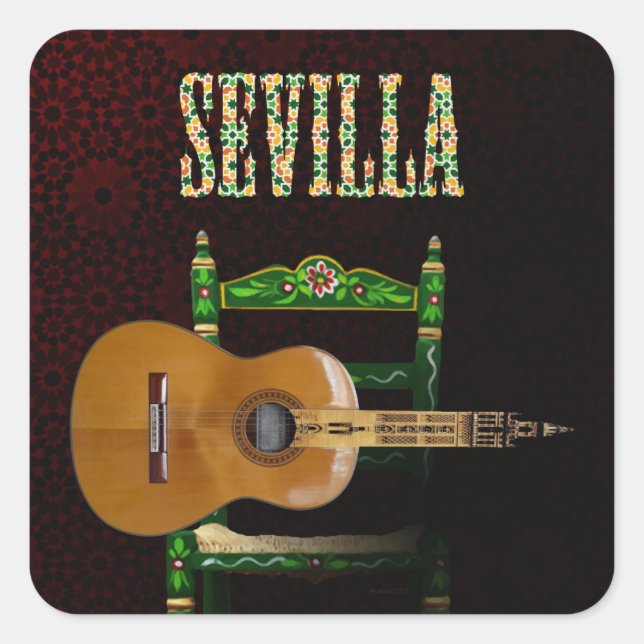 SEVILLA. Flämische Gitarre mit Giralda von Quadratischer Aufkleber (Vorderseite)