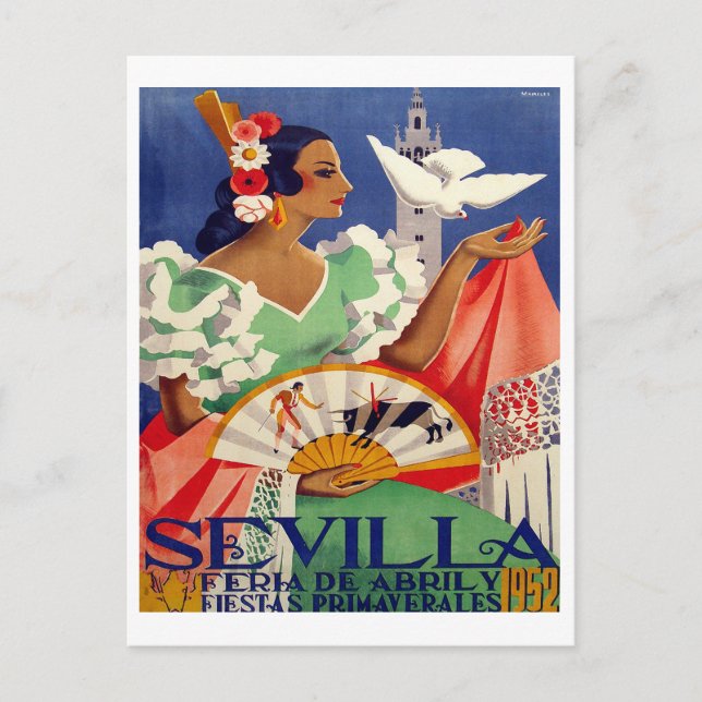 Sevilla, Spanien, Frau mit weißer Taube, Vintag Postkarte (Vorderseite)