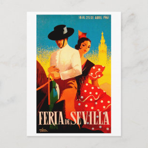 Sevilla, Spanien, Paar auf Pferd, Vintage-Reise Postkarte