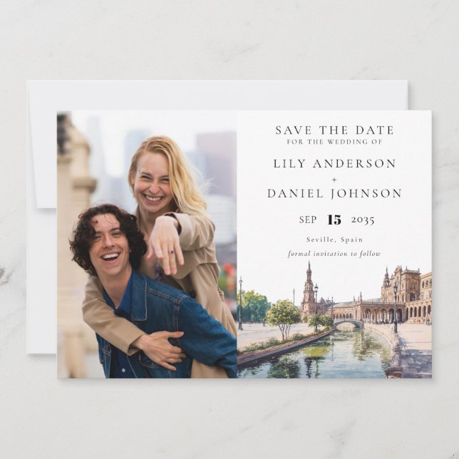 Seville Spain Watercolor Photo Wedding Save The Date (Vorderseite)