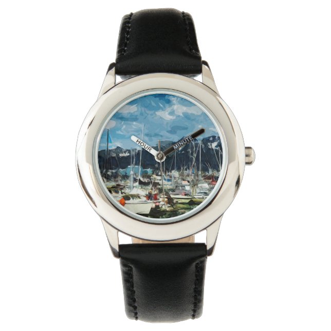 Seward Alaska Habor Abstrakt Impressionismus Armbanduhr (Vorderseite)