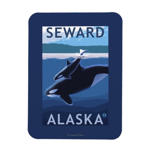 Seward, AlaskaOrca und Calf Szene Magnet (Vertikal)